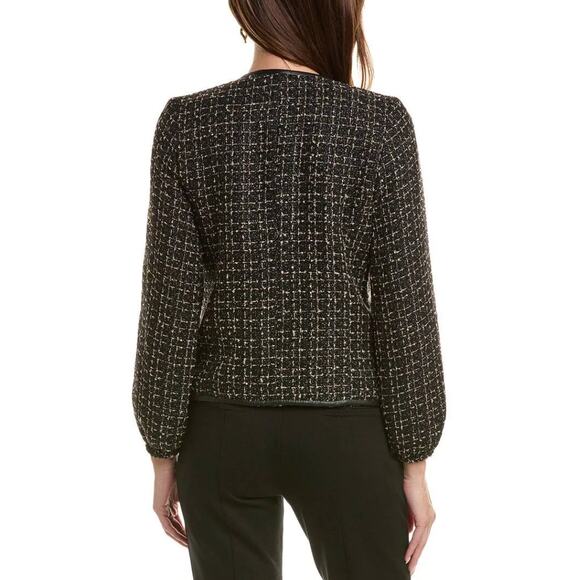 Nanette Lepore Black Gold Tweed Jacket Faux Leather Trim Buttons Sz 8 Career - Picture 11 of 11
